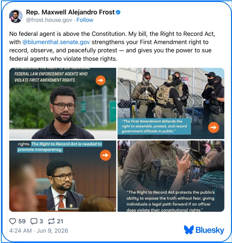 Under Right to Record Act, People Could Sue Federal Agents for First Amendment Violations