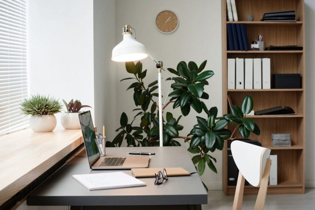 A trendy home office setup with company-provided equipment.