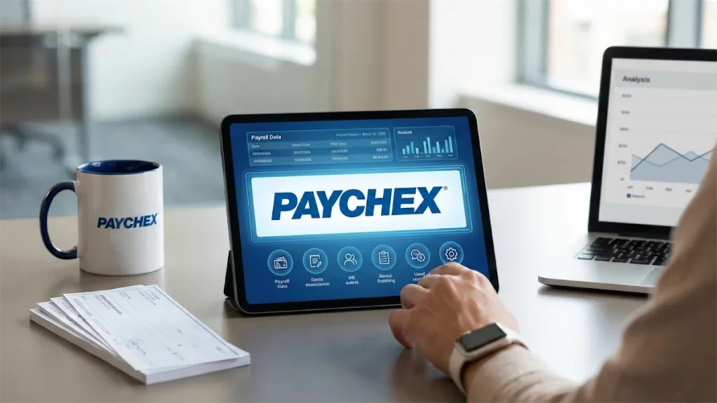 Paychex-branded tablet displays payroll tools beside checks and analytics.