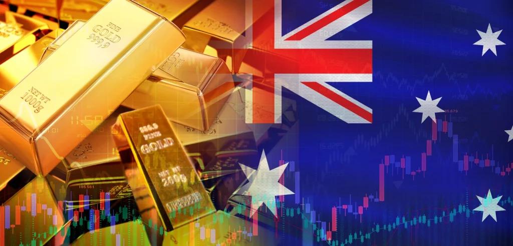 Gold bars stacked on Australian flag. Australia gold reserves, Concept