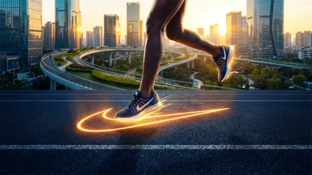 Runner wearing Nike shoes on an urban roadway highlights brand momentum and recovery potential for Nike stock.