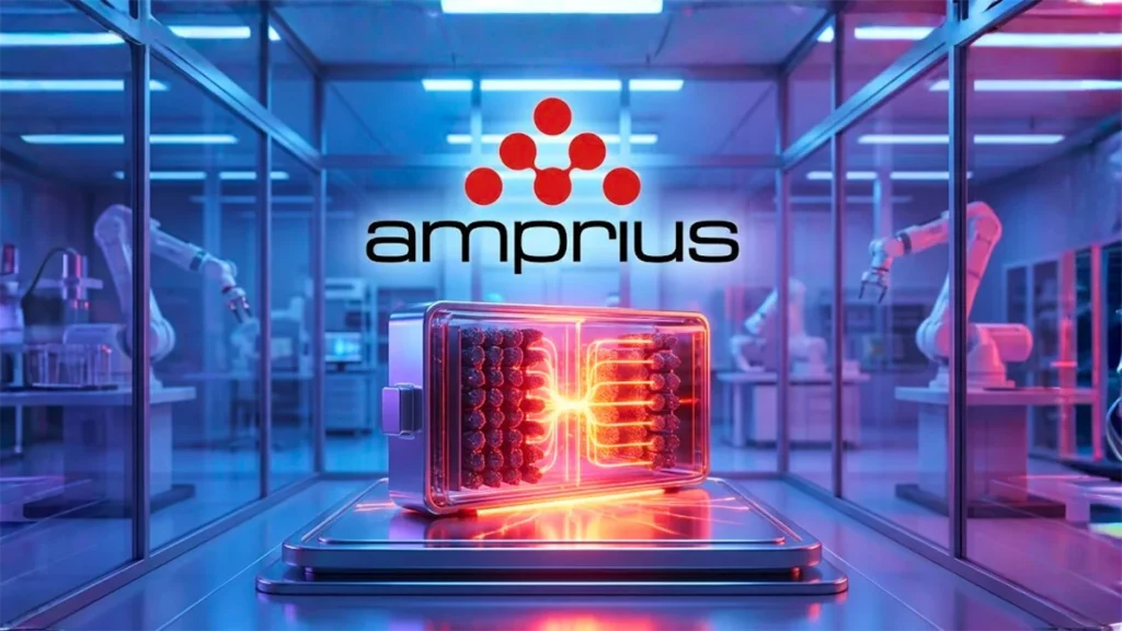 Amprius logo over a lab battery cell, highlighting advanced lithium battery tech and AMPX stock focus.