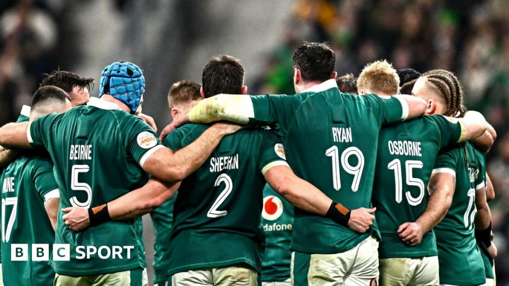 Image showing a split screen of France v Ireland and an advert for a mobile phone