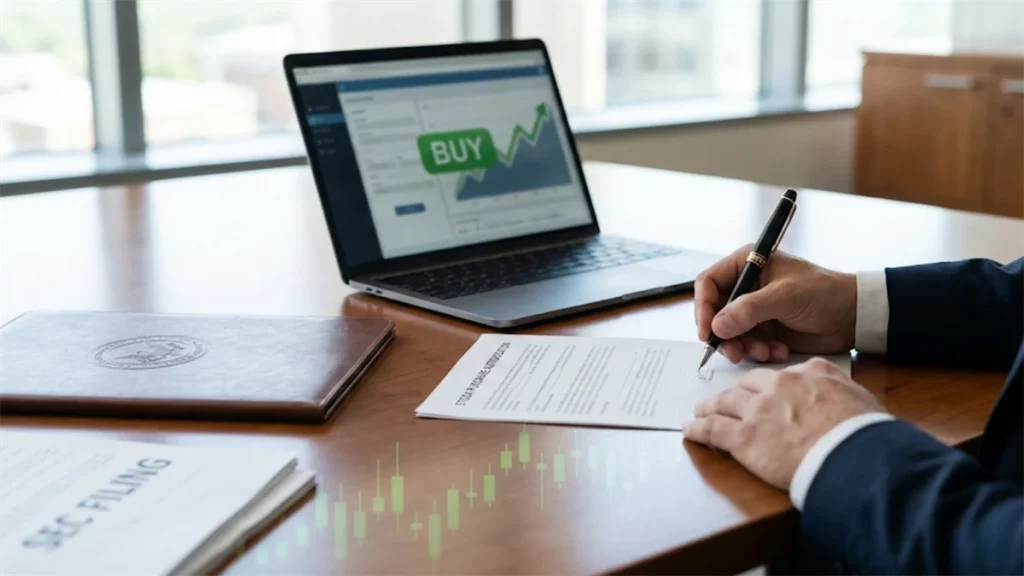 Insiders Piled Into These 3 Stocks in Q4—One Stands Out Investor signs trading documents as laptop shows BUY signal, echoing insider buying optimism in stocks.