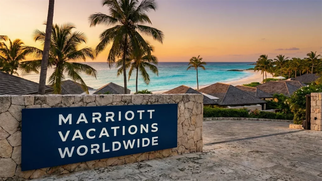 Marriott Vacations Worldwide sign at a tropical resort entrance, with palm trees and an ocean sunset in the background.