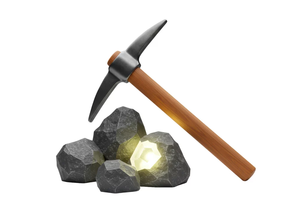 Isolated Pickaxe Striking a Glowing Gold Nugget in Rocks