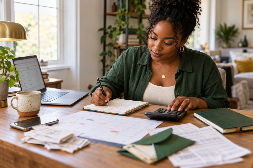 A freelancer reviewing a calendar, invoices and household bills while planning emergency savings