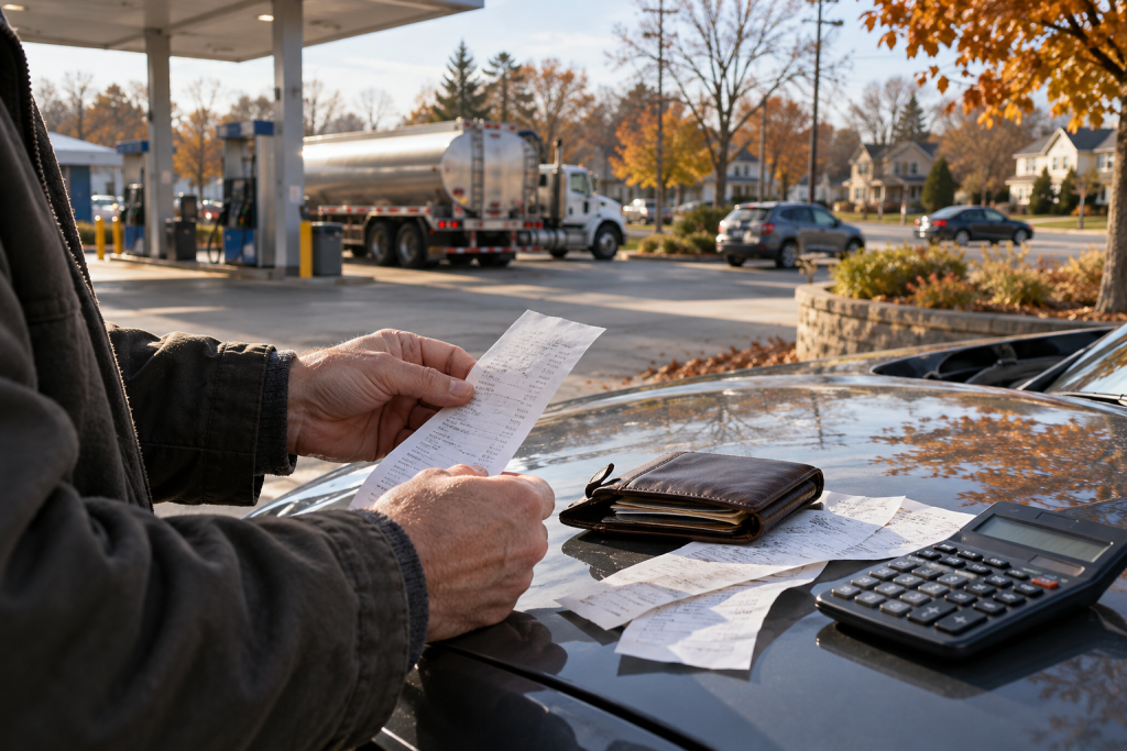 A driver reviewing fuel receipts and household costs beside a U.S. fuel station and delivery truck