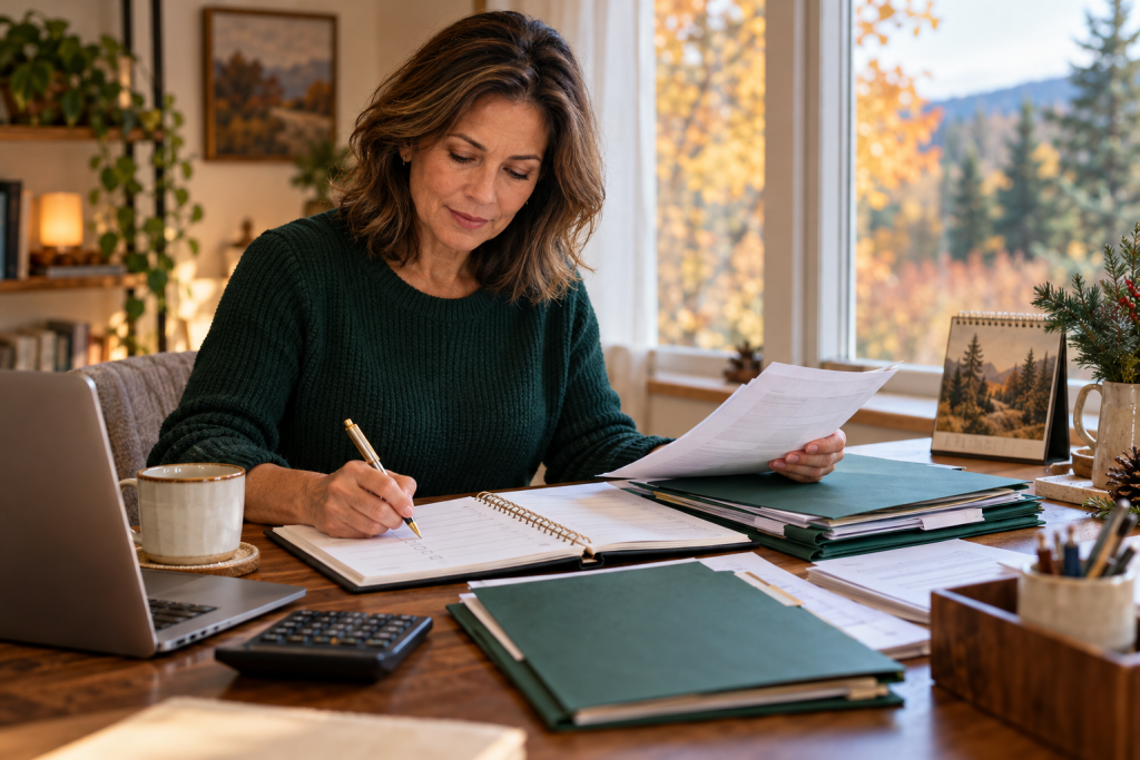 A woman reviewing a year-end financial checklist with retirement and tax paperwork at her desk